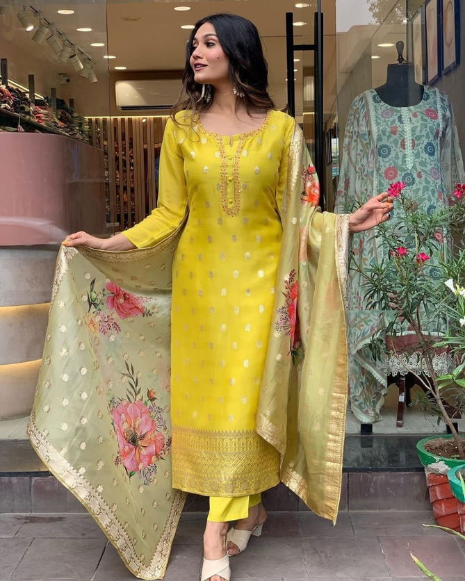 KF Vi Kritika Kalaai Viscose Organza Jacquard Kurti With Bottom Dupatta Wholesalers In Mumbai